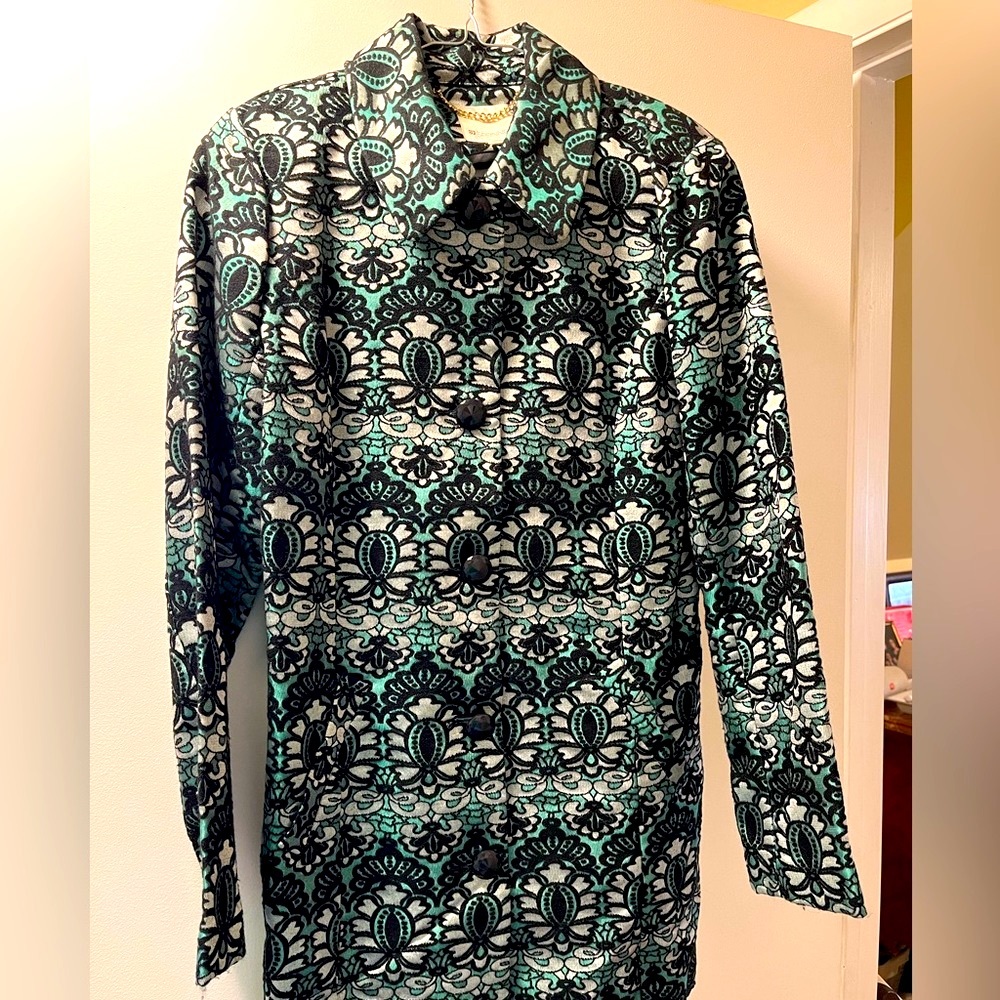 Spanner jacquard tapestry evening jacket 6 teal and black